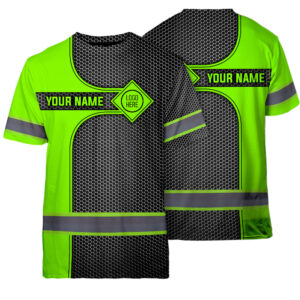 Hi Vis Shirt Reflective Tapes Uniform Green Neon And Grey Custom Name And Logo Safety Workwear For Workers, Teams, Group, Company