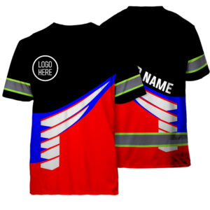 Hi Vis Shirt Reflective Tapes Uniform Blue Neon And Red Custom Name And Logo Safety Workwear For Workers, Teams, Group, Company