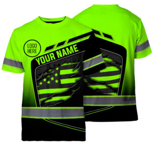 Hi Vis Shirt Reflective Tapes Uniform Green Neon With US Flag Custom Name And Logo Safety Workwear For Workers, Teams, Group, Company