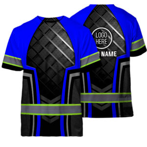 Hi Vis Shirt Reflective Tapes Uniform Blue Neon 2 Custom Name And Logo Safety Workwear For Workers, Teams, Group, Company