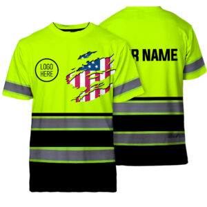 Hi Vis Shirt Reflective Tapes Uniform US Flag Black And Green Neon Custom Name And Logo Safety Workwear For Workers, Teams, Group, Company