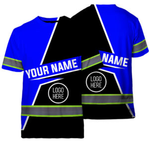 Hi Vis Shirt Reflective Tapes Uniform Blue Neon 2 Custom Name And Logo Safety Workwear For Workers, Teams, Group, Company