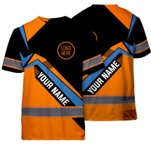 Hi Vis Shirt Reflective Tapes Uniform Orange Neon 4 Custom Name And Logo Safety Workwear For Workers, Teams, Group, Company
