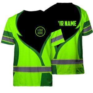 Hi Vis Shirt Reflective Tapes Uniform Green Neon 3 Custom Name And Logo Safety Workwear For Workers, Teams, Group, Company