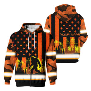 Hi Vis Zip Hoodie Reflective Orange USA Flag With BigFoot