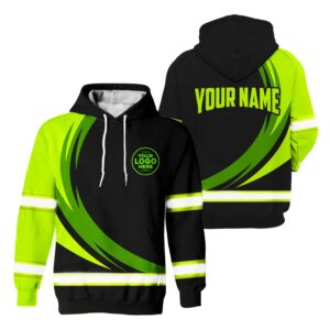 Hi Vis Hoodie Reflective Tapes Uniform 2 Green Neon Black Curved Custom Logo And Name Safety Workwear For Workers, Runners, Cyclists, Patriotic