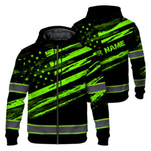 Custom Name Reflective Hi Vis Zip Hoodies - Flag Patriotic Safety Workwear