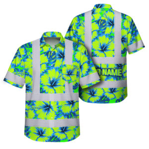 Hi Vis Hawaiian Shirt Reflective Tapes Blue Neon And Green Flowers Custom Name Safety Workwear For Workers, Truckers, Operators