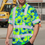 Hi-Vis-Hawaiian-Shirt-Reflective-Tapes-Blue-Neon-And-Green-Flowers-Custom-Name-Safety-Workwear-For-Workers,-Truckers,-Operators-2