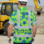 Hi-Vis-Hawaiian-Shirt-Reflective-Tapes-Blue-Neon-And-Green-Flowers-Custom-Name-Safety-Workwear-For-Workers,-Truckers,-Operators-3