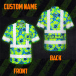 Hi-Vis-Hawaiian-Shirt-Reflective-Tapes-Blue-Neon-And-Green-Flowers-Custom-Name-Safety-Workwear-For-Workers,-Truckers,-Operators-5