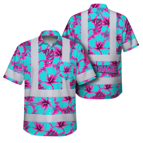 Hi-Vis-Hawaiian-Shirt-Reflective-Tapes-Blue-Neon-And-Pink-Flowers-Custom-Name-Safety-Workwear-For-Workers,-Truckers,-Operators-1