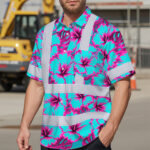 Hi-Vis-Hawaiian-Shirt-Reflective-Tapes-Blue-Neon-And-Pink-Flowers-Custom-Name-Safety-Workwear-For-Workers,-Truckers,-Operators-2