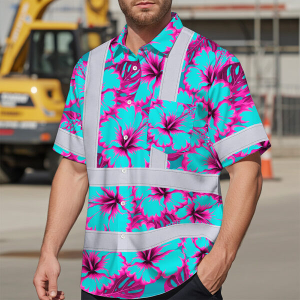 Hi-Vis-Hawaiian-Shirt-Reflective-Tapes-Blue-Neon-And-Pink-Flowers-Custom-Name-Safety-Workwear-For-Workers,-Truckers,-Operators-2