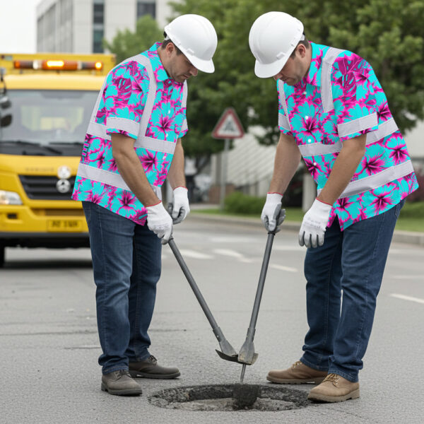 Hi-Vis-Hawaiian-Shirt-Reflective-Tapes-Blue-Neon-And-Pink-Flowers-Custom-Name-Safety-Workwear-For-Workers,-Truckers,-Operators-4