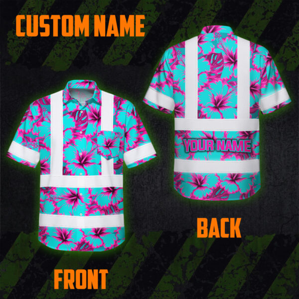 Hi-Vis-Hawaiian-Shirt-Reflective-Tapes-Blue-Neon-And-Pink-Flowers-Custom-Name-Safety-Workwear-For-Workers,-Truckers,-Operators-5