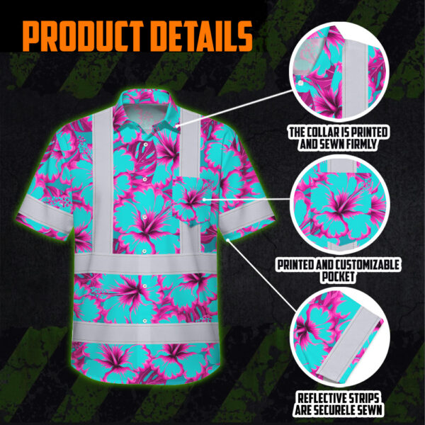 Hi-Vis-Hawaiian-Shirt-Reflective-Tapes-Blue-Neon-And-Pink-Flowers-Custom-Name-Safety-Workwear-For-Workers,-Truckers,-Operators-6