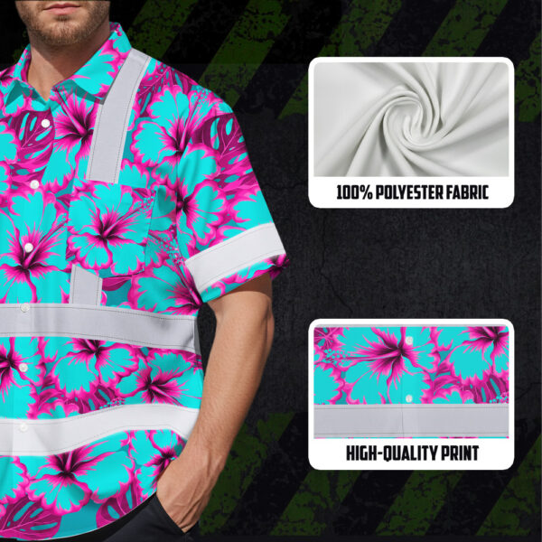 Hi-Vis-Hawaiian-Shirt-Reflective-Tapes-Blue-Neon-And-Pink-Flowers-Custom-Name-Safety-Workwear-For-Workers,-Truckers,-Operators-7