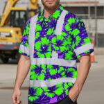 Hi-Vis-Hawaiian-Shirt-Reflective-Tapes-Green-Neon-And-Violet-Flowers-Custom-Name-Safety-Workwear-For-Workers,-Truckers,-Operators-2