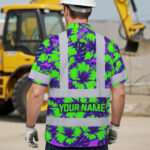 Hi-Vis-Hawaiian-Shirt-Reflective-Tapes-Green-Neon-And-Violet-Flowers-Custom-Name-Safety-Workwear-For-Workers,-Truckers,-Operators-3