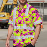 Hi-Vis-Hawaiian-Shirt-Reflective-Tapes-Pink-Neon-And-Lime-Flowers-Custom-Name-Safety-Workwear-For-Workers,-Truckers,-Operators-2