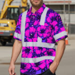 Hi-Vis-Hawaiian-Shirt-Reflective-Tapes-Violet-Neon-And-Pink-Flowers-Custom-Name-Safety-Workwear-For-Workers,-Truckers,-Operators-2