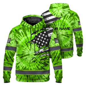 Hi Vis Hoodie Reflective Tapes Green Tie Dye US Flag Scratch Custom Name Safety Workwear For Workers, Runners, Cyclists