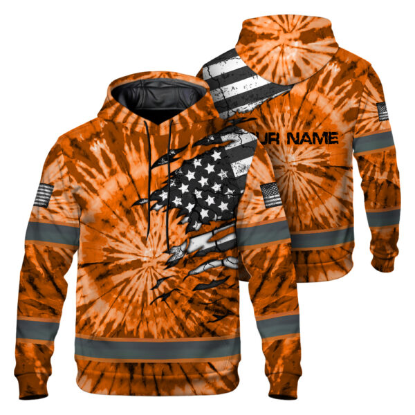 Hi Vis Hoodie Reflective Tapes Orange Tie Dye US Flag Scratch Custom Name Safety Workwear For Workers, Runners, Cyclists 1
