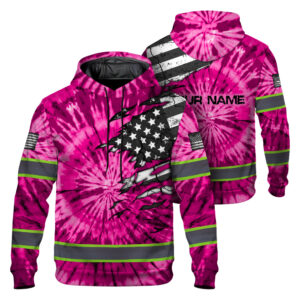 Hi Vis Hoodie Reflective Tapes Pink Tie Dye US Flag Scratch Custom Name Safety Workwear For Workers, Runners, Cyclists