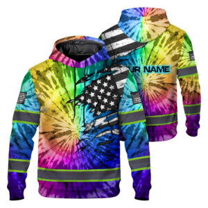 Hi Vis Hoodie Reflective Tapes Rainbow Tie Dye US Flag Scratch Custom Name Safety Workwear For Workers, Runners, Cyclists