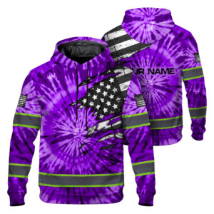 Hi Vis Hoodie Reflective Tapes Violet Tie Dye US Flag Scratch Custom Name Safety Workwear For Workers, Runners, Cyclists