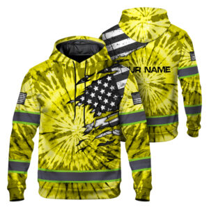 Hi Vis Hoodie Reflective Tapes Yellow Tie Dye US Flag Scratch Custom Name Safety Workwear For Workers, Runners, Cyclists