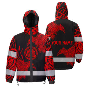 Hi Vis Jacket Waterproof And Windproof Reflective Red Neon Viking Symbol Custom Name Safety