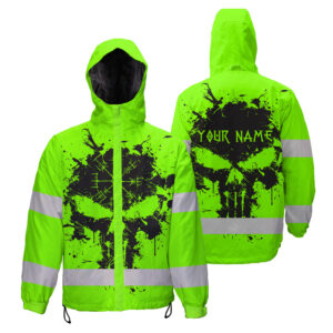 Hi Vis Jacket Waterproof And Windproof Reflective Tapes Green Neon Skull Viking Symbol Custom Name