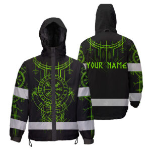 Hi Vis Jacket Waterproof And Windproof Reflective Tapes Green Neon Viking Symbol Custom Name