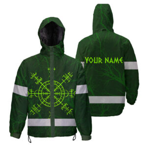 Hi Vis Jacket Waterproof And Windproof Reflective Tapes Green Neon Viking Symbol Custom Name Safety