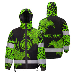 Hi Vis Jacket Waterproof And Windproof Reflective Tapes Viking Symbol Green Neon Custom Name