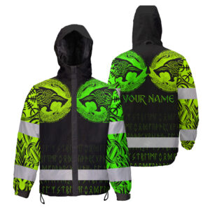Hi Vis Jacket Waterproof And Windproof Reflective Tapes Wolf Tattoo Viking Symbol Green Neon