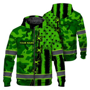 Hi Vis Zip Hoodie Custom Name Pattern Camo And Flag USA Reflective Safety Workwear For Workers Runners Patriotic