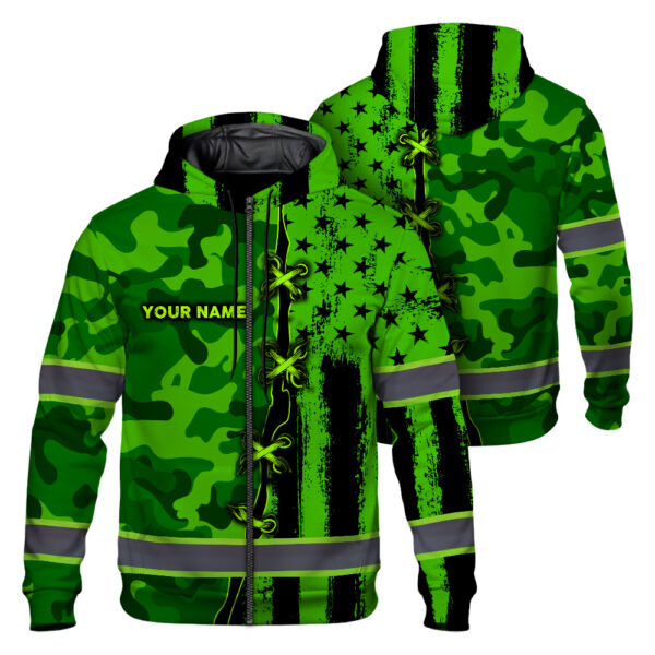 Hi Vis Zip Hoodie Custom Name Pattern Camo And Flag USA Reflective Safety Workwear For Workers Runners Patriotic 1
