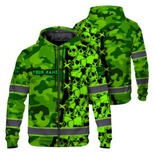 Hi Vis Zip Hoodie Custom Name, Pattern Skull Camo Reflective Safety Workwear For Workers, Runners, Truckers, Skull Lovers