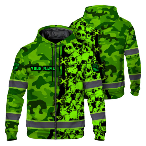 Hi Vis Zip Hoodie Custom Name, Pattern Skull Camo Reflective Safety Workwear For Workers, Runners, Truckers, Skull Lovers 1