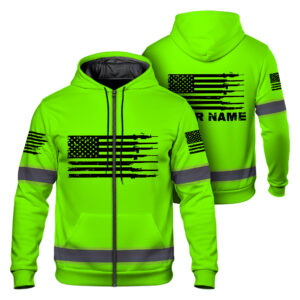 Hi Vis Zip Hoodie Green Neon Reflective Gun US Flag Custom Name Safety Workwear For Runners, Patriotic