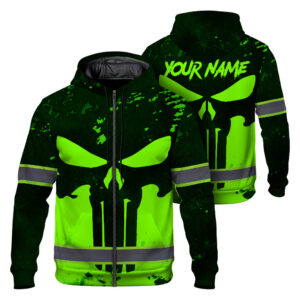 Hi Vis Zip Hoodie Green Neon US Flag - Personalized Safety Workwear For Skull Lover, Cyclists, Runners