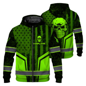 Hi Vis Zip Hoodie Pattern Skull Flag American Reflective Safety Workwear For Workers, Runners, Truckers, Skull Lovers