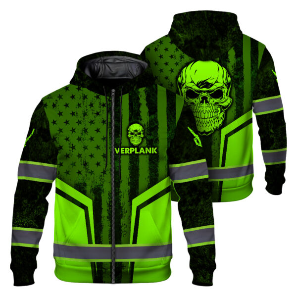 Hi Vis Zip Hoodie Pattern Skull Flag American Reflective Safety Workwear For Workers, Runners, Truckers, Skull Lovers 1
