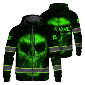 Hi Vis Zip Hoodie Pattern Skull Reflective Safety Workwear For Workers, Runners, Truckers, Skull Lovers