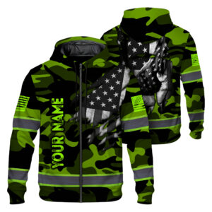 Hi Vis Zip Hoodie Pattern US Flag Custom Name Reflective Safety Workwear For Workers Runners Patriotic