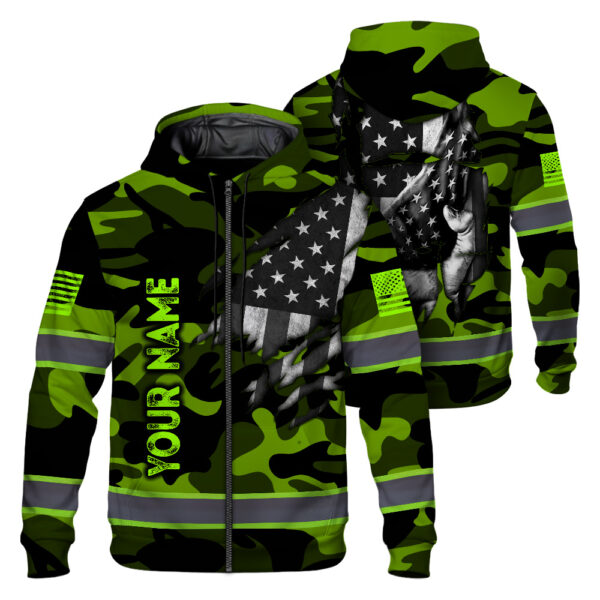 Hi Vis Zip Hoodie Pattern US Flag Custom Name Reflective Safety Workwear For Workers Runners Patriotic 1