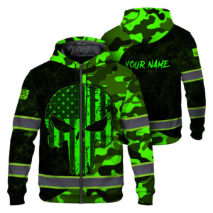 Hi Vis Zip Hoodie Reflective Black And Camo Pattern Skull Custom Name Safety Workwear